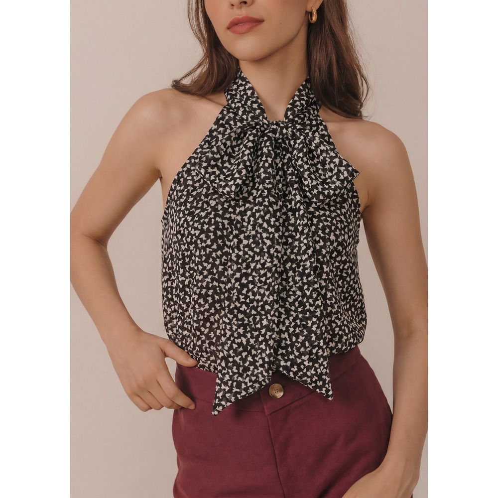 Bisou Bisou Women's Medium Butterfly Print Sleeveless Tank Top Tie Front Blouse